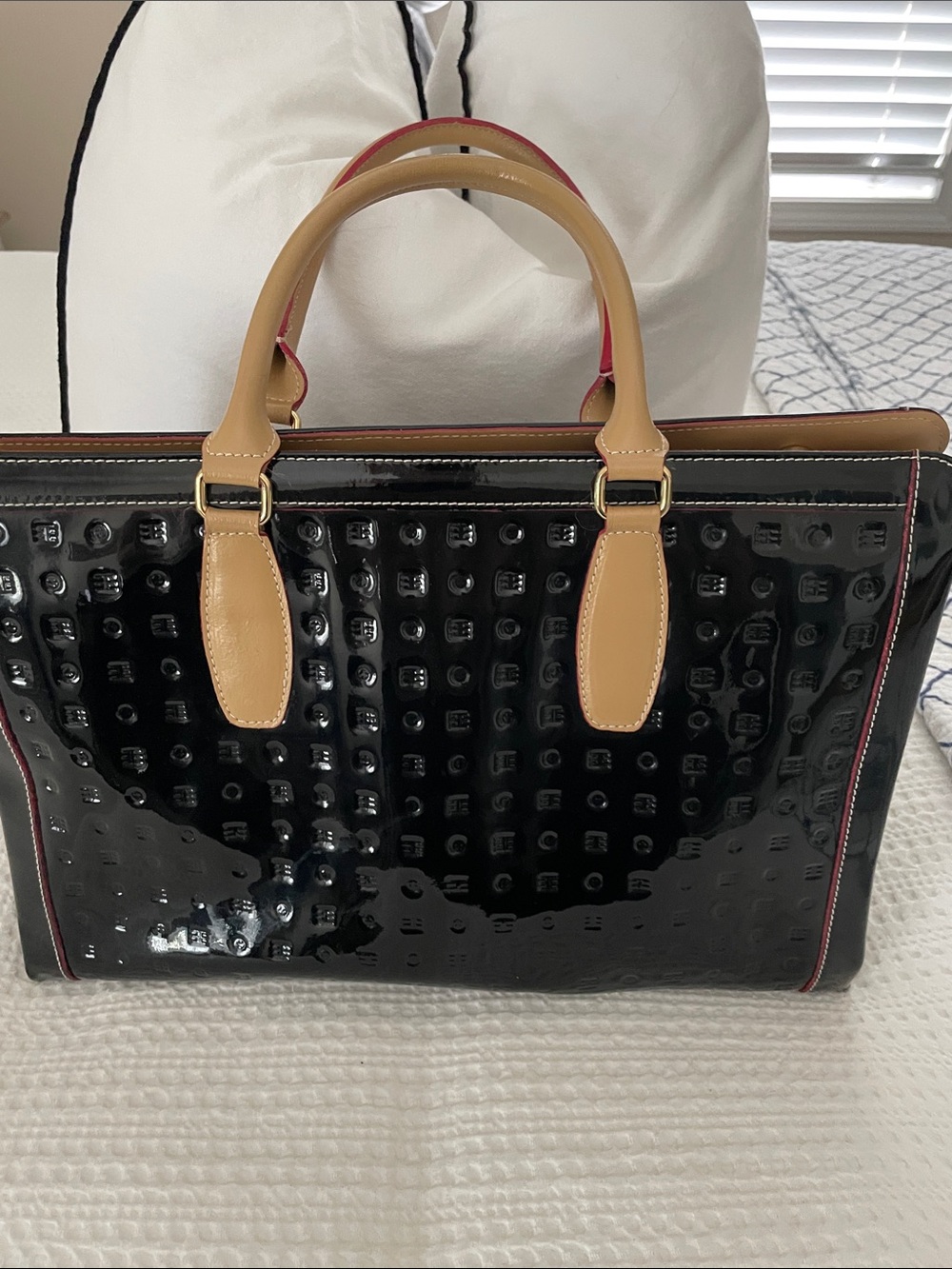 Arcadia Patent Leather Tote Bag with Tan Handles - Black - Picture 3 of 14